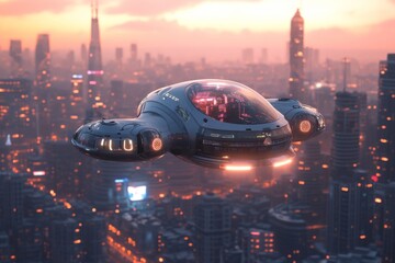 Poster - Futuristic flying vehicle soaring above a vibrant city skyline at sunset