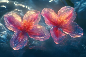 Poster - Two luminescent flowers glisten softly on water under gentle light during twilight hours