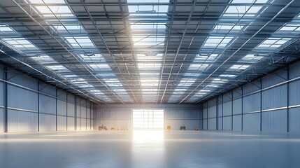 Poster - Sunlight is shining through loading dock door of empty warehouse