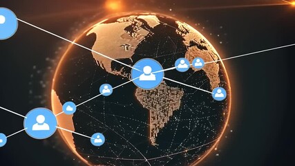 Global networking concept with interconnected users over a digital world map showcasing data flow