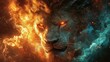 © David - Majestic Fiery Lion with Dual Elements of Fire and Ice, Mystical Creature, Powerful Symbolic Beast, Intense Glowing Eyes, Dramatic Fantasy Art