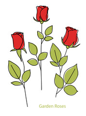 Aufkleber - Set of decorative red rose silhouette with green leaves. Flower icon. Vector stock illustration. 