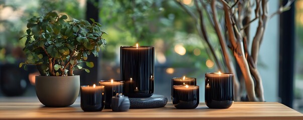 Poster - Burning scented candles creating relaxing atmosphere on table with green plant