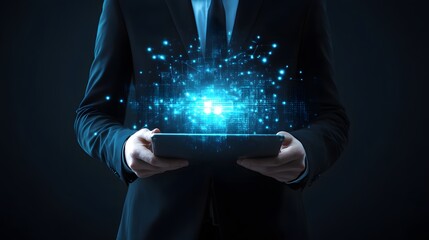 Leinwandbilder - Businessman holding tablet showing futuristic hologram data communication network