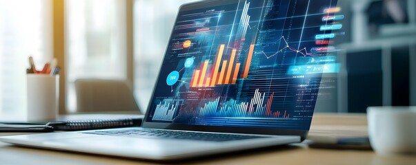 Leinwandbilder - Laptop showing growing statistics, graphs and data analytics in office setting