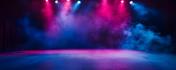 Poster - Empty stage with smoke and spotlights shining in pink and blue