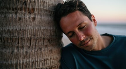 young caucasian male relaxing peacefully against palm tree at sunset beach