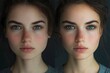 © Dari - Young woman face close up natural skin freckles, side by side unfiltered retouching comparison