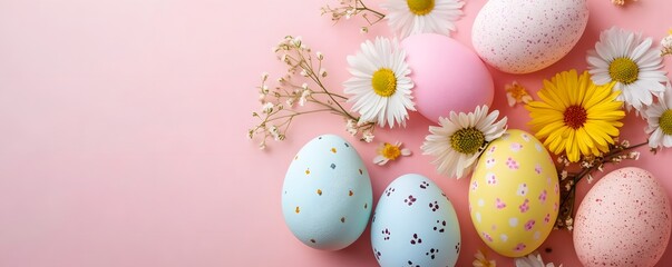 Wall Mural - colorful easter eggs and spring flowers creating festive composition on pink background