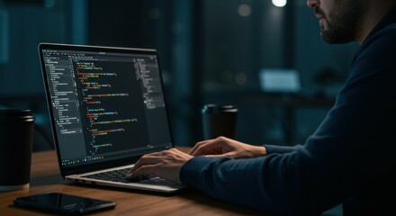 a software developer sitting at a modern workstation in a sleek tech office, intensely focused on co