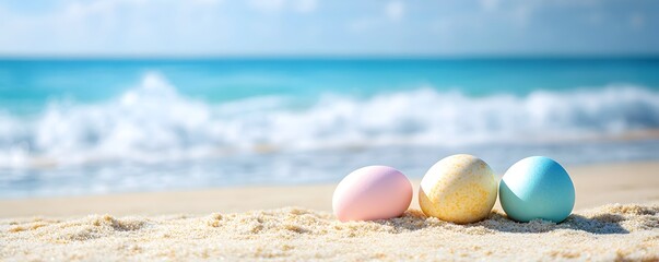 Wall Mural - Colorful easter eggs resting on sandy beach with ocean waves