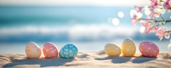 Wall Mural - Colorful easter eggs resting on sandy beach with ocean waves and cherry blossom in background