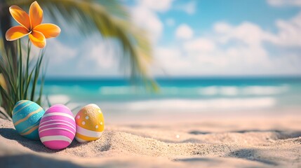 Wall Mural - Easter eggs lying on the beach under a palm tree