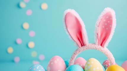 Wall Mural - Pink bunny ears resting on colorful easter eggs on turquoise background