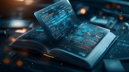 A photograph showcasing a captivating 3D holographic computer interface projecting futuristic programming and cyber data onto the pages of an open book