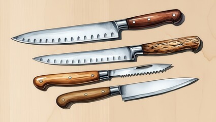 Collection of Four Elegant Kitchen Knives with Wooden Handles on Light Wooden Background