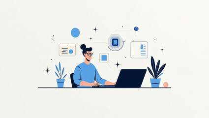 a woman working on a laptop surrounded by abstract graphical elements