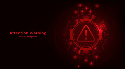 Leinwandbilder - Concept of Hacker warning. Attention Danger Symbol on circuit board and dark red background. Data Breach, Malware, Cyber Attack, Hacking, and Security protection Concept. Vector illustration.