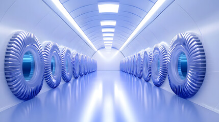 Fototapete - A futuristic corridor featuring circular, metallic windows, illuminated by soft blue lights, conveying a sleek and modern aesthetic