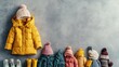 © pinporn manosri - A collection of kids' winter clothing including padded jackets, boots, and knitted hats, arranged neatly on a light, textured background with room for copy.