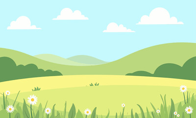 Wall Mural - Pastoral Green Hills with Daisy Flowers Cartoon Landscape