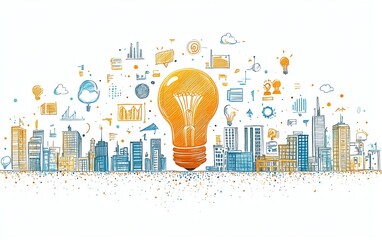 Aufkleber - Handdrawn business concept illustration featuring a central light bulb, buildings, and various business icons on a white background, symbolizing innovation and growth