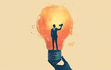 Aufkleber - Illustration of a businessman with a megaphone standing on a large lightbulb held by a hand, against a beige background, symbolizing new business ideas and leadership