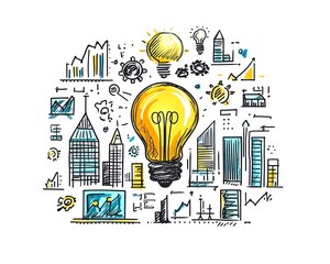 Aufkleber - Creative handdrawn business concept with a light bulb at the center, surrounded by buildings and business icons like graphs, gears, and briefcases, on a white background