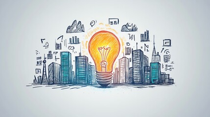 Aufkleber - Handdrawn business concept illustration featuring a central light bulb, buildings, and various business icons on a white background, symbolizing innovation and growth