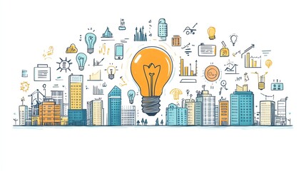 Aufkleber - Handdrawn business concept illustration featuring a central light bulb, buildings, and various business icons on a white background, symbolizing innovation and growth