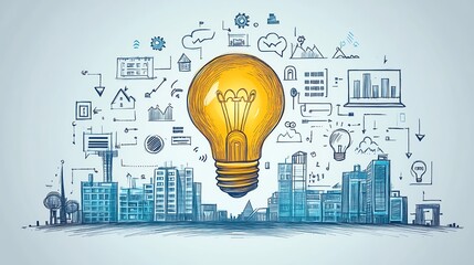 Aufkleber - Handdrawn business concept illustration featuring a central light bulb, buildings, and various business icons on a white background, symbolizing innovation and growth