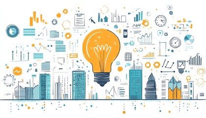 Aufkleber - Illustration of a business concept with a handdrawn light bulb at the center, buildings, and diverse business icons like graphs, gears, and clocks, on a white background