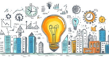 Aufkleber - Illustration of a business concept with a handdrawn light bulb at the center, buildings, and diverse business icons like graphs, gears, and clocks, on a white background