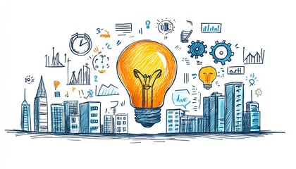 Aufkleber - Illustration of a business concept with a handdrawn light bulb at the center, buildings, and diverse business icons like graphs, gears, and clocks, on a white background