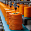 © Anatolii - Automated industrial process vibrant orange spools of cable neatly arranged on a conveyor belt, signifying mass production and technological advancement.