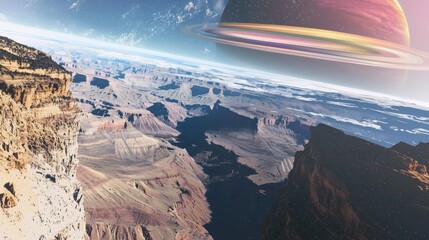 Wall Mural - a stunning distant exoplanet with a large red object in the sky surrounded by endless canyons and ma