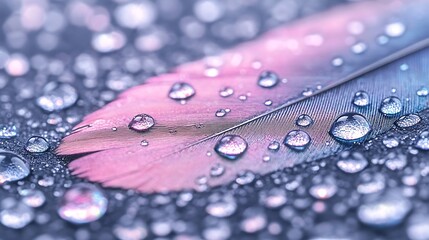Poster - A close-up of a colorful feather with droplets of water on a soft background.