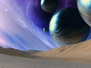 Wall Mural - gigantic planets hovering over an endless desert landscape under a beautiful starry night sky