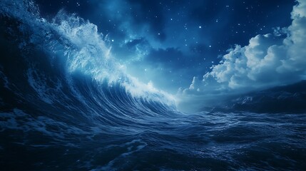 Aufkleber - Dramatic ocean waves under a starry night sky with clouds illuminated by moonlight.