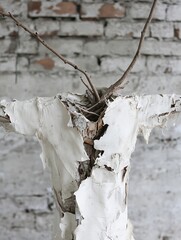 Fototapete - Artistic sculpture made from tree branches and rustic materials against a textured wall background : Generative AI