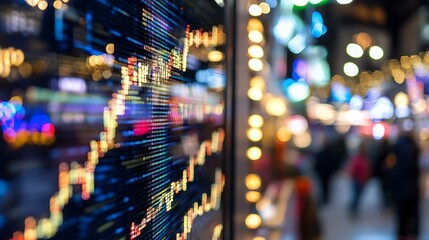 Aufkleber - Vibrant city nightlife with abstract financial data displayed on digital screens showing market trends : Generative AI