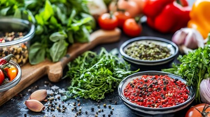 Poster - Assorted herbs and spices along with fresh vegetables creating a vibrant kitchen setting for cooking : Generative AI
