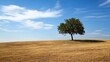 © Generative AI - Lonely Tree on a Dry Hilltop under a Bright Blue Sky with Sparse White Clouds in the Background : Generative AI