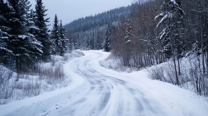 Aufkleber - Winding snowcovered road surrounded by tall trees in a winter landscape : Generative AI
