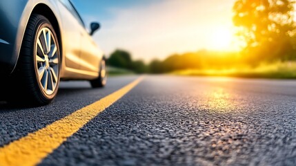 Aufkleber - Modern blue car parked on a country road at sunset revealing a scenic view and vibrant colors : Generative AI