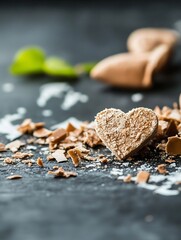 Poster - Delicious heart shaped chocolate on a dark surface with scattered chocolate pieces and a hint of greenery : Generative AI
