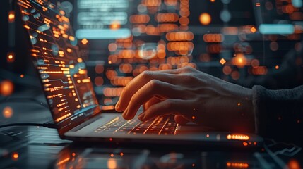 Software engineer working on laptop with circuit board digital coding
