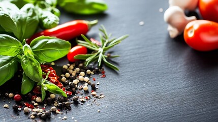 Poster - Fresh vegetables including basil tomatoes and spices arranged on a dark slate surface : Generative AI