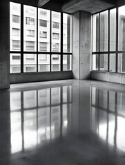 Aufkleber - Stylish modern room with concrete walls and large windows showcasing reflections on polished floor : Generative AI
