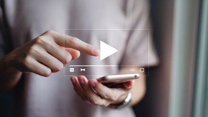 Woman Using Smartphone to Watch Video Streaming, Online Video Player Interface on Mobile Phone Screen